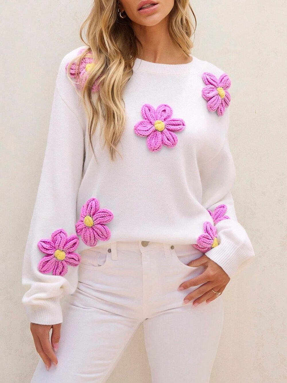 White Casual Women's Cute Elegant Floral Long Sleeve Crew Neck Sweater